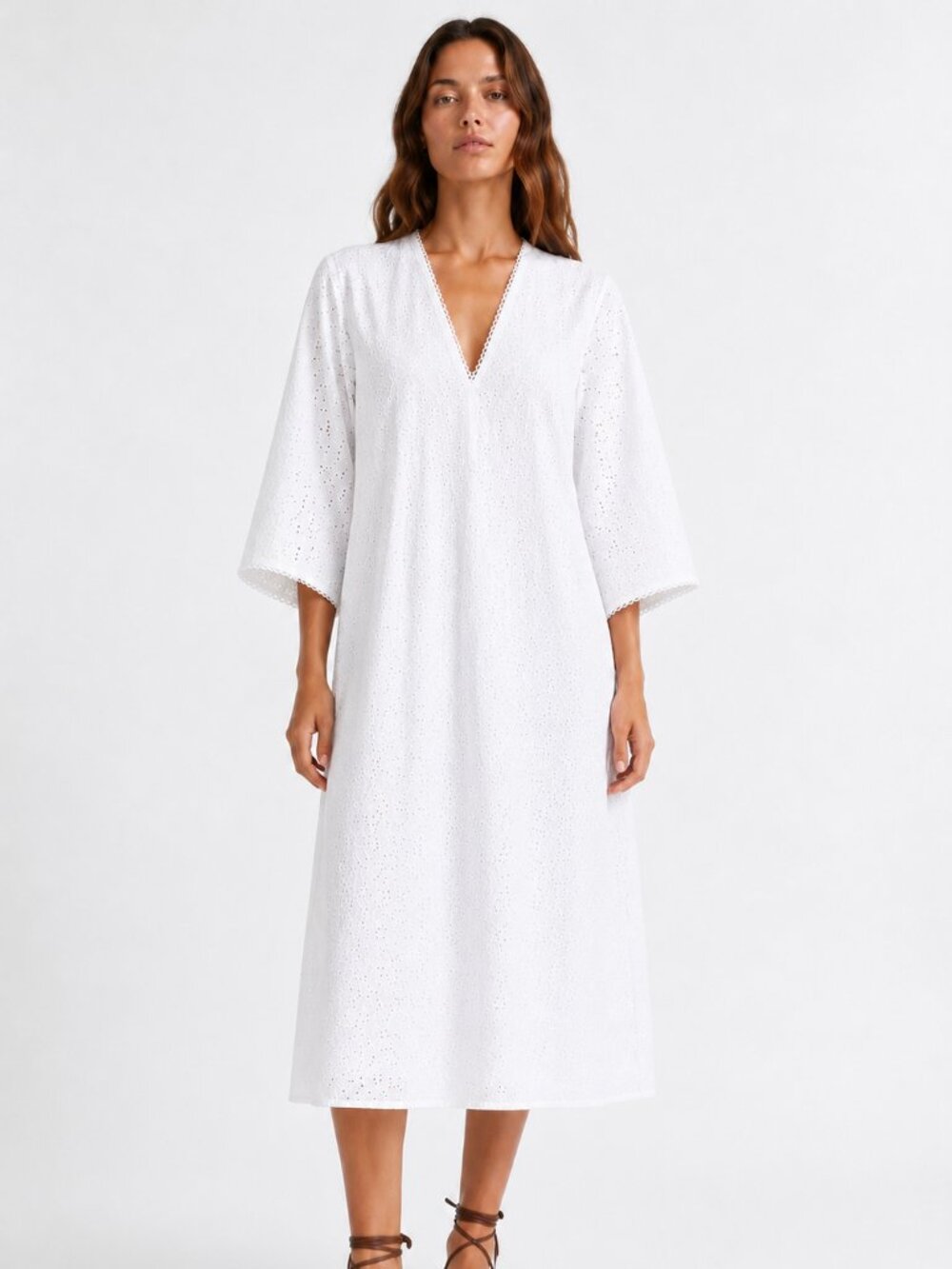 Zara White Embroidered Eyelet Midi Dress, Bell Sleeves, Size M